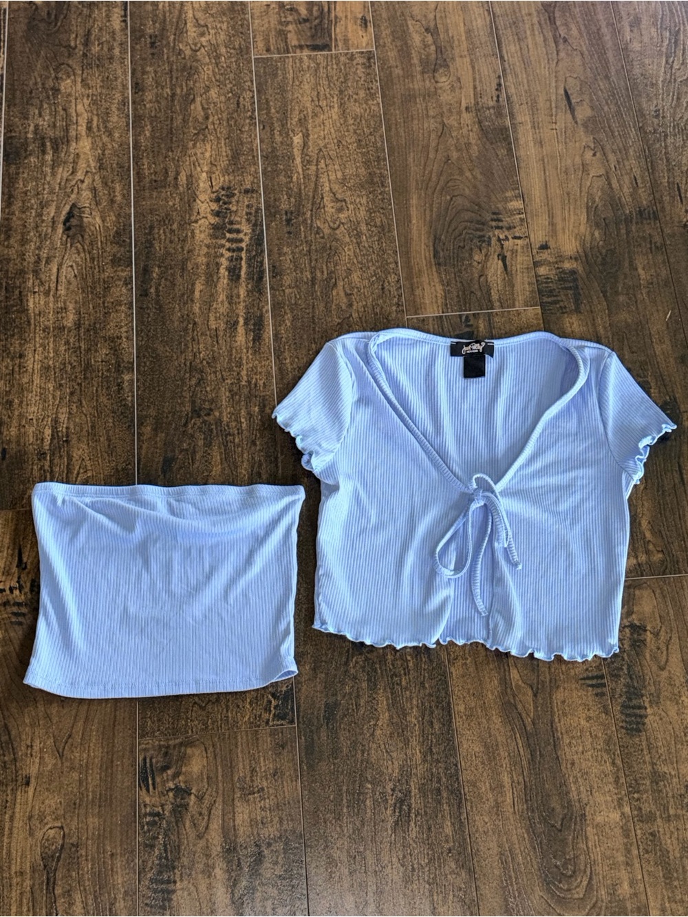 Blue Ribbed Short Sleeve Cardigan and Tube Top Set
